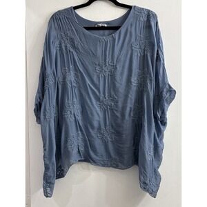 Elena Baldi Blue Floral Embroidered Eyelet Oversized Boho Top Made in Italy S